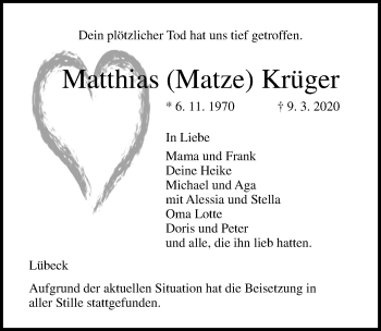 Traueranzeige von Matthias Krüger von Lübecker Nachrichten