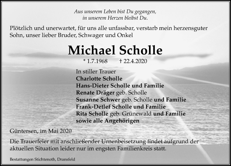  Traueranzeige für Michael Scholle vom 02.05.2020 aus Göttinger Tageblatt