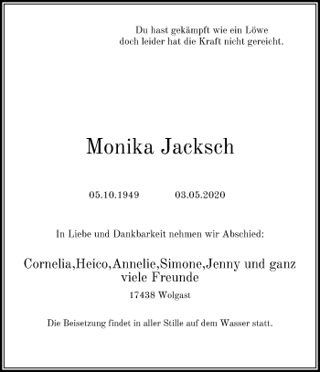 Traueranzeige von Monika Jacksch von Ostsee-Zeitung GmbH