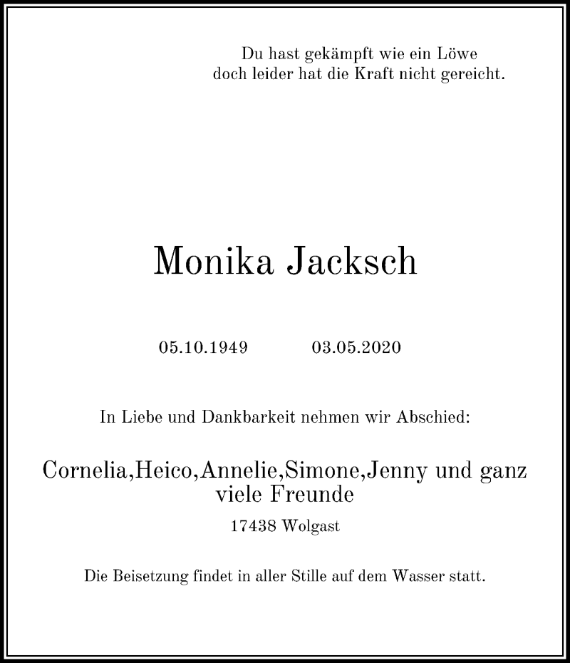  Traueranzeige für Monika Jacksch vom 09.05.2020 aus Ostsee-Zeitung GmbH