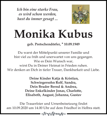 Traueranzeige von Monika Kubus von Leipziger Volkszeitung