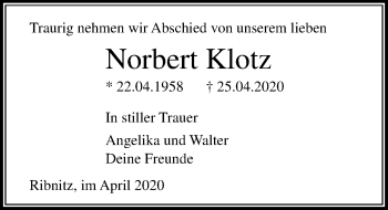 Traueranzeige von Norbert Klotz von Ostsee-Zeitung GmbH