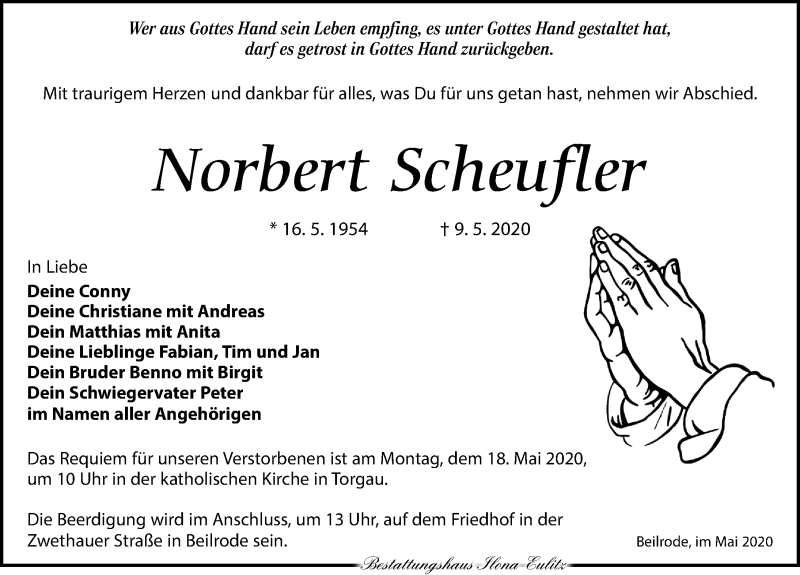  Traueranzeige für Norbert Scheufler vom 14.05.2020 aus Torgauer Zeitung