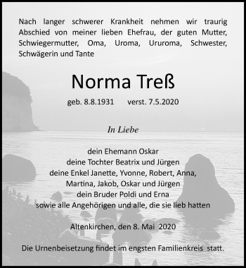 Traueranzeige von Norma Treß von Ostsee-Zeitung GmbH