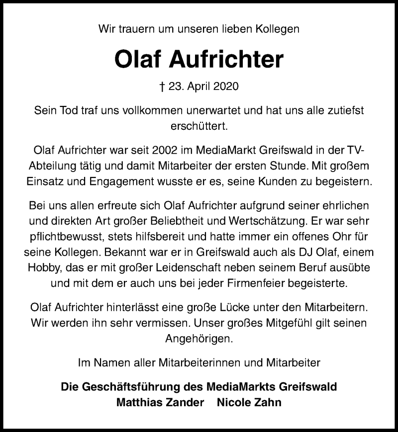  Traueranzeige für Olaf Aufrichter vom 02.05.2020 aus Ostsee-Zeitung GmbH