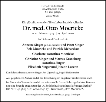 Traueranzeige von Otto Moericke von Göttinger Tageblatt