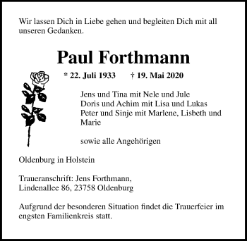 Traueranzeige von Paul Forthmann von Lübecker Nachrichten