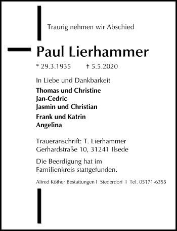 Traueranzeige von Paul Lierhammer von Peiner Allgemeine Zeitung