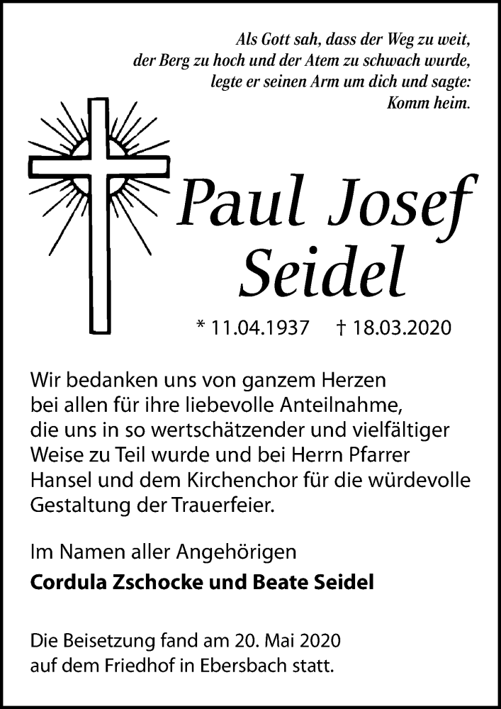  Traueranzeige für Paul Josef Seidel vom 23.05.2020 aus Leipziger Volkszeitung