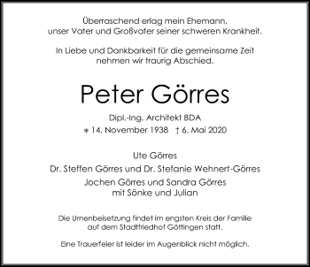 Traueranzeige von Peter Görres von Göttinger Tageblatt
