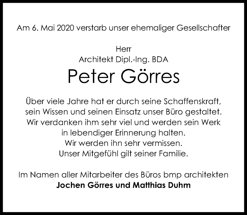  Traueranzeige für Peter Görres vom 09.05.2020 aus Göttinger Tageblatt