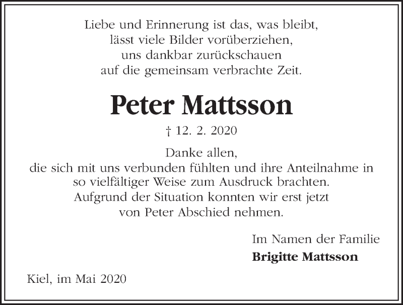  Traueranzeige für Peter Mattsson vom 16.05.2020 aus Kieler Nachrichten