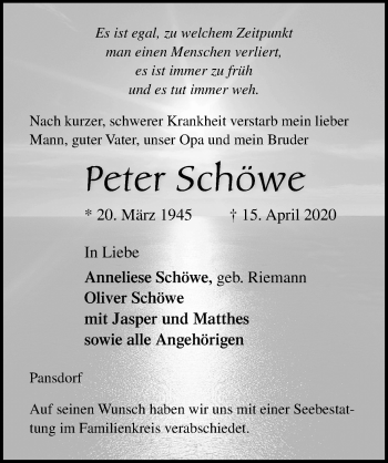 Traueranzeige von Peter Schöwe von Lübecker Nachrichten