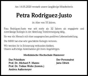 Traueranzeige von Petra Rodriguez-Justo von Hannoversche Allgemeine Zeitung/Neue Presse