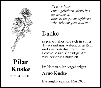 Traueranzeige von Pilar Kuske von Hannoversche Allgemeine Zeitung/Neue Presse