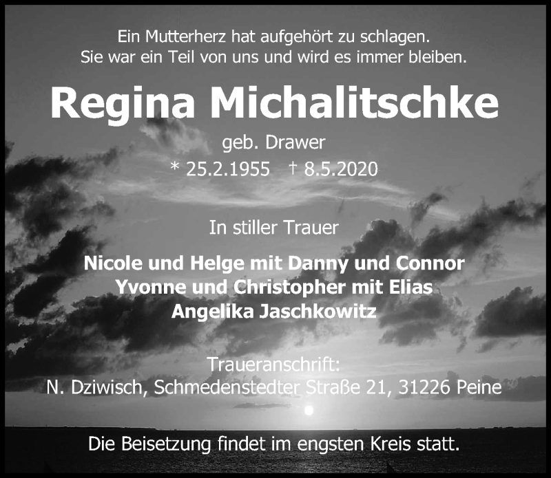  Traueranzeige für Regina Michalitschke vom 16.05.2020 aus Peiner Allgemeine Zeitung