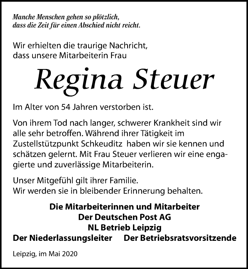  Traueranzeige für Regina Steuer vom 30.05.2020 aus Leipziger Volkszeitung