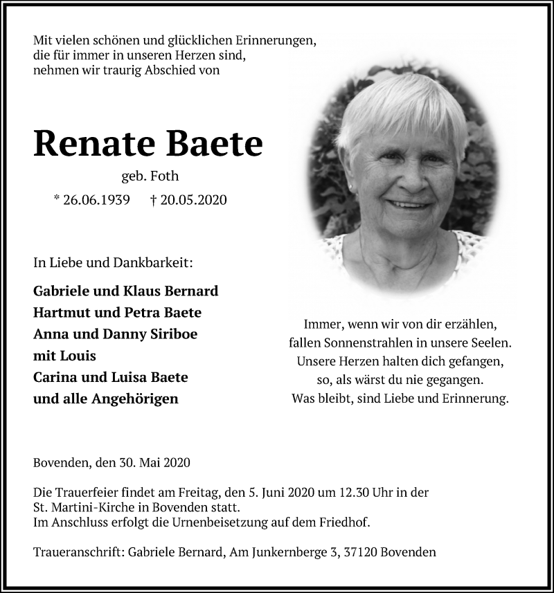  Traueranzeige für Renate Baete vom 30.05.2020 aus Göttinger Tageblatt