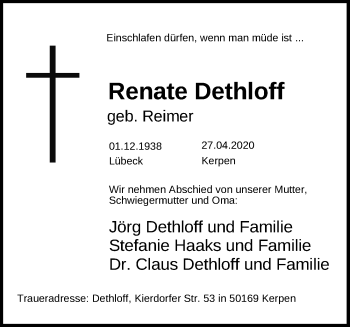 Traueranzeige von Renate Dethloff von Lübecker Nachrichten