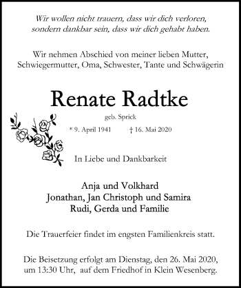 Traueranzeige von Renate Radtke von Lübecker Nachrichten