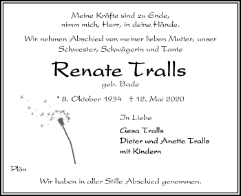 Traueranzeige von Renate Tralls von Kieler Nachrichten
