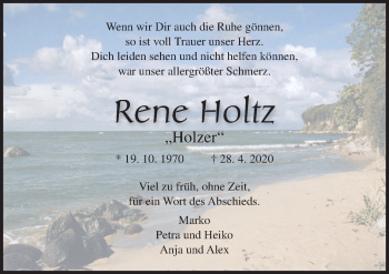 Traueranzeige von Rene Holtz von Ostsee-Zeitung GmbH