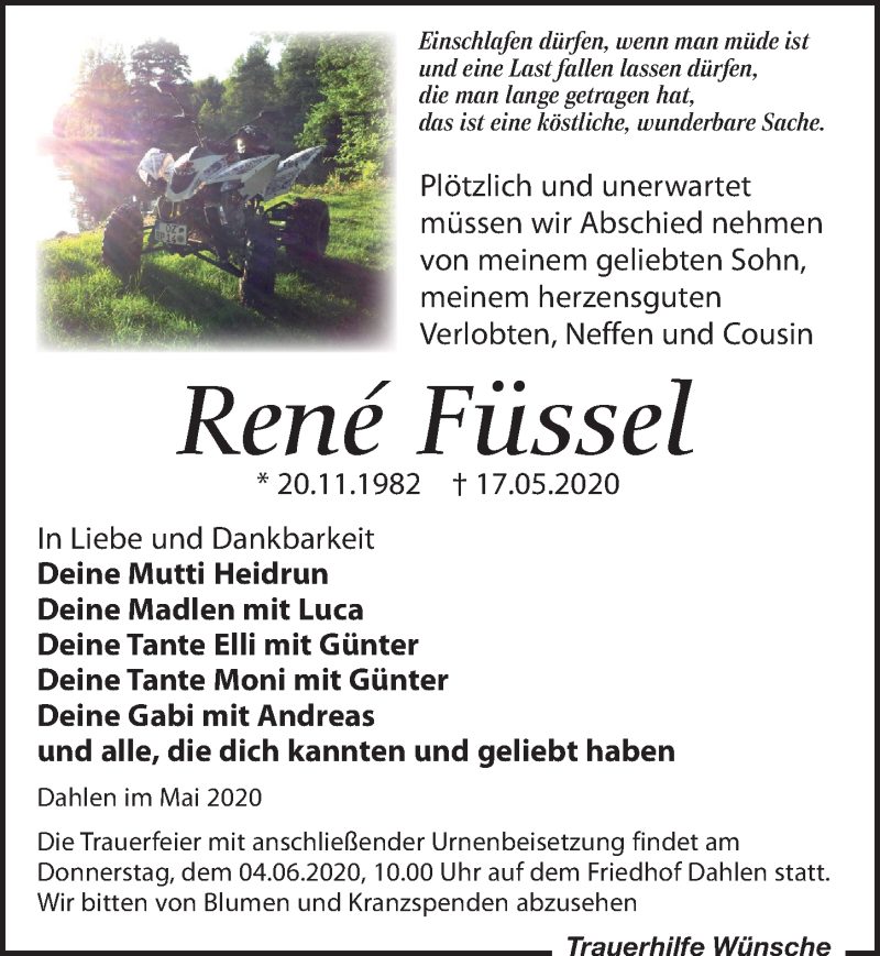  Traueranzeige für René Füssel vom 30.05.2020 aus Leipziger Volkszeitung