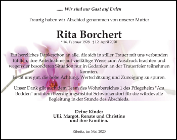 Traueranzeige von Rita Borchert von Ostsee-Zeitung GmbH