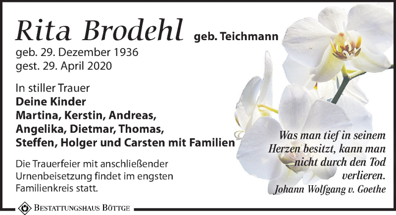  Traueranzeige für Rita Brodehl vom 09.05.2020 aus Leipziger Volkszeitung