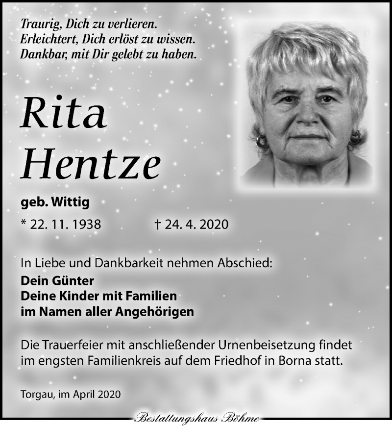  Traueranzeige für Rita Hentze vom 02.05.2020 aus Torgauer Zeitung