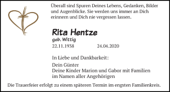 Traueranzeige von Rita Hentze von Leipziger Volkszeitung