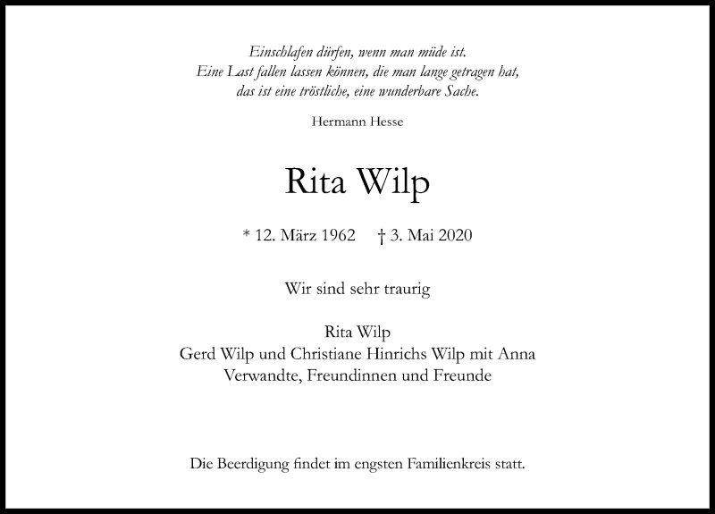  Traueranzeige für Rita Wilp vom 16.05.2020 aus Göttinger Tageblatt