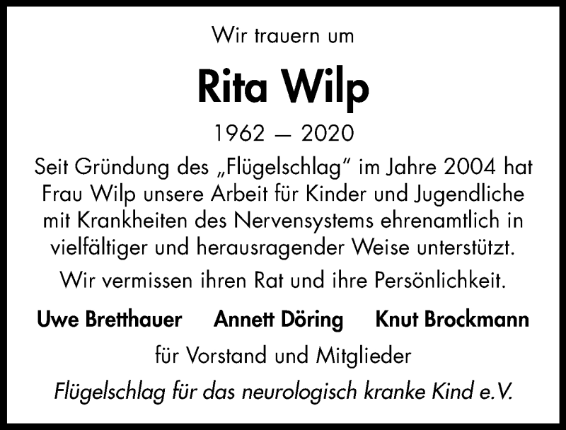  Traueranzeige für Rita Wilp vom 16.05.2020 aus Göttinger Tageblatt