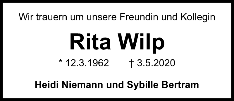  Traueranzeige für Rita Wilp vom 09.05.2020 aus Göttinger Tageblatt