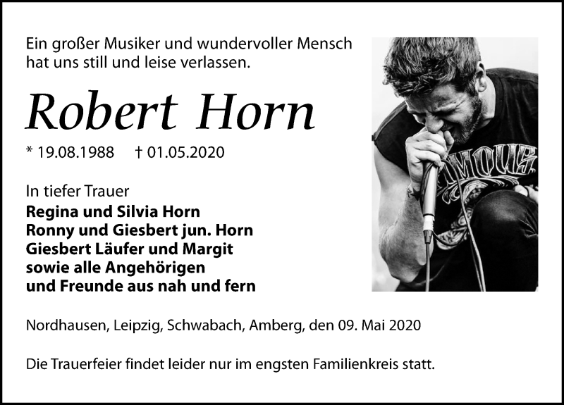  Traueranzeige für Robert Horn vom 09.05.2020 aus Leipziger Volkszeitung
