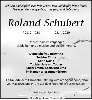 Traueranzeige von Roland Schubert von Torgauer Zeitung
