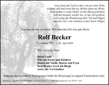 Traueranzeige von Rolf Becker von Hannoversche Allgemeine Zeitung/Neue Presse