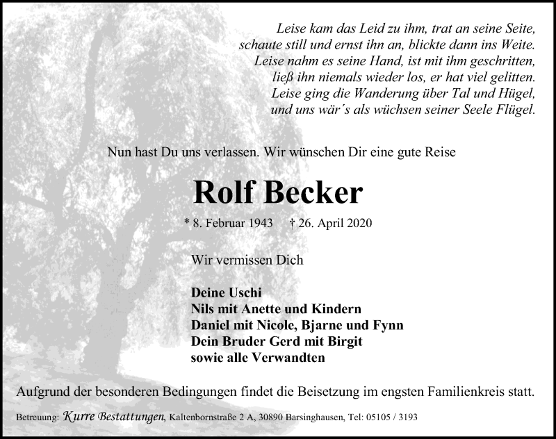 Traueranzeige für Rolf Becker vom 02.05.2020 aus Hannoversche Allgemeine Zeitung/Neue Presse