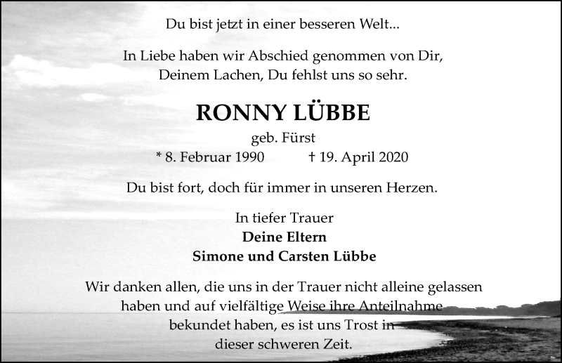  Traueranzeige für Ronny Lübbe vom 16.05.2020 aus Märkischen Allgemeine Zeitung
