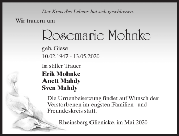 Traueranzeige von Rosemarie Mohnke von Märkischen Allgemeine Zeitung