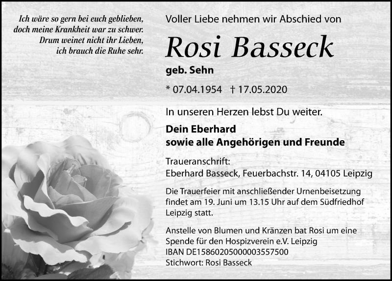  Traueranzeige für Rosi Basseck vom 23.05.2020 aus Leipziger Volkszeitung