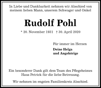 Traueranzeige von Rudolf Pohl von Kieler Nachrichten