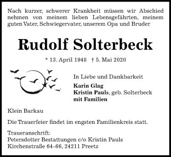 Traueranzeige von Rudolf Solterbeck von Kieler Nachrichten