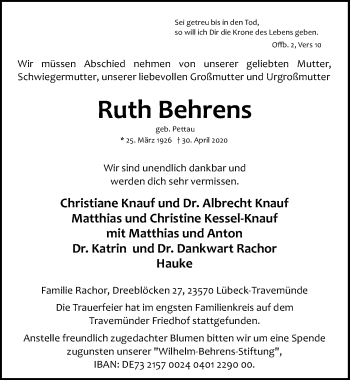 Traueranzeige von Ruth Behrens von Lübecker Nachrichten