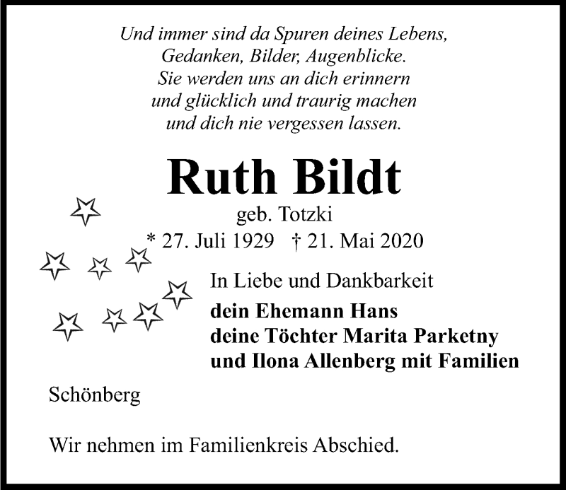 Traueranzeigen Von Ruth Bildt | Trauer-anzeigen.de