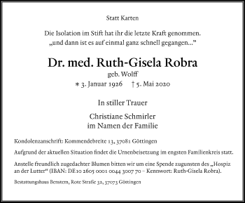 Traueranzeige von Ruth-Gisela Robra von Göttinger Tageblatt
