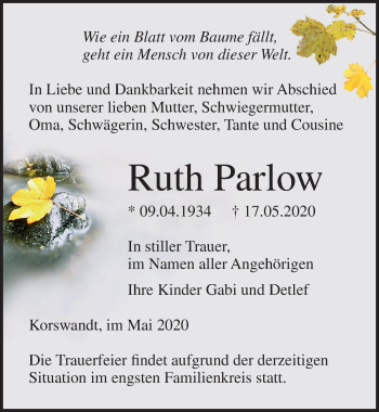 Traueranzeige von Ruth Parlow von Ostsee-Zeitung GmbH