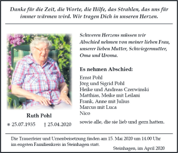 Traueranzeige von Ruth Pohl von Ostsee-Zeitung GmbH