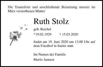 Traueranzeige von Ruth Stolz von Ostsee-Zeitung GmbH