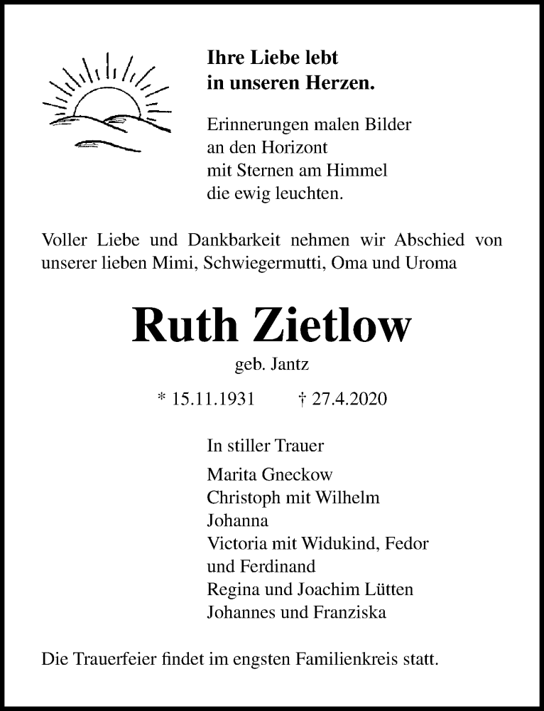  Traueranzeige für Ruth Zietlow vom 02.05.2020 aus Ostsee-Zeitung GmbH